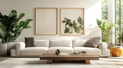 Modern living room with plants and artwork.