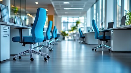 Modern office space with blue ergonomic chairs.