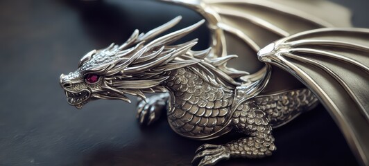 A silver amulet in the shape of a dragon, with ruby eyes that glisten in the light.