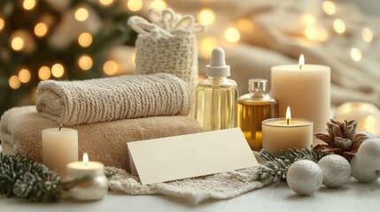 Spa gift certificate mockup with holiday candles