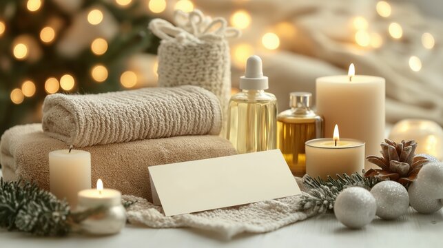 Spa gift certificate mockup with holiday candles - Powered by Adobe