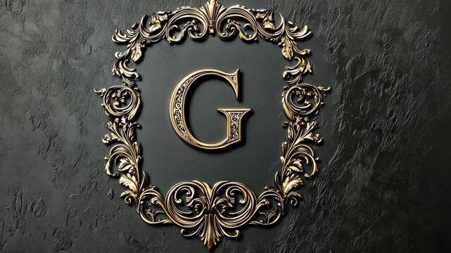 A gold letter G sits in a decorative frame on a black background