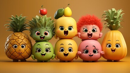 Happy Cartoon Fruits characters collection, Cute Cartoon 3D fruit set, isolated on flat simple Background with copy space.