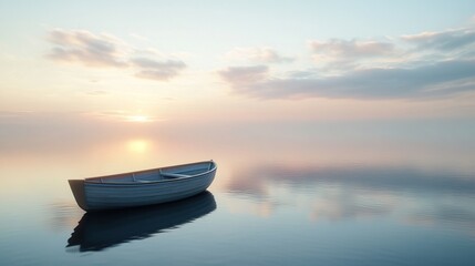 Naklejka premium Serene boat on calm water at sunrise.