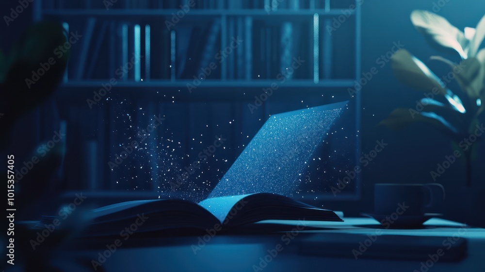 Poster low poly wireframe online education blue background or concept with opened book. digital modern illu