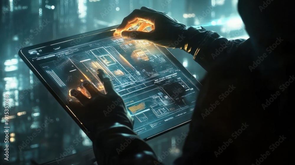 Poster man with futuristic digital tablet on a project