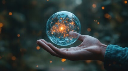 Fototapeta premium Man's hand holding bubble with magic inside. Fantasy blue-orange sphere in hand.