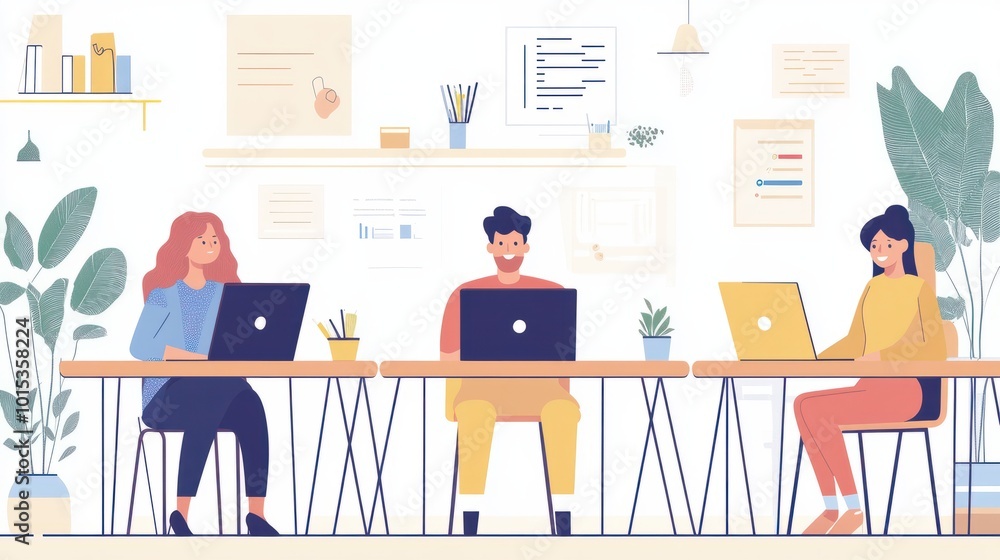 Poster office laptop diversity teamwork and happy people review media application layout creative design or
