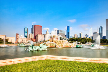 Chicago Skyline over the Buckingham Fountain in Grant Park during a Sunny Day