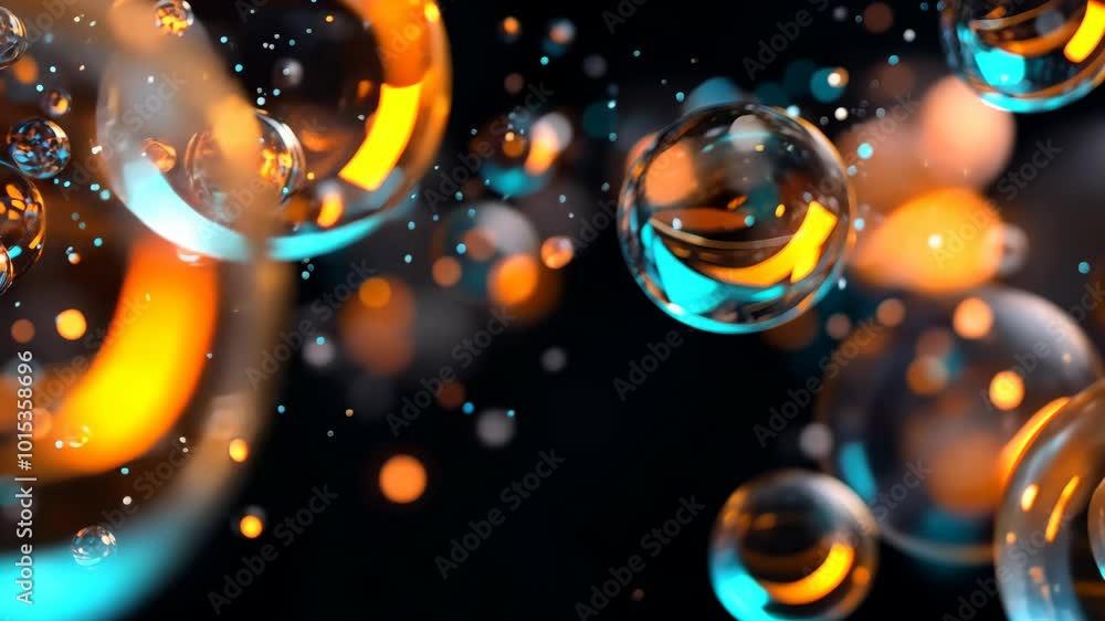 Poster colorful bubbles float in a dark background, reflecting light and creating an abstract pattern