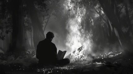 Obraz premium A solitary figure sits reading a book near a blazing fire in a shadowy forest. The monochromatic tones and dramatic lighting evoke a sense of mystery, solitude, and contemplation in the wilderness.
