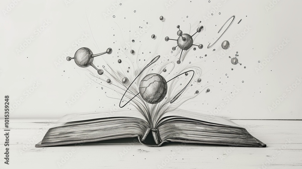Poster a dynamic black-and-white illustration featuring an open book with a glowing atomic structure and mo