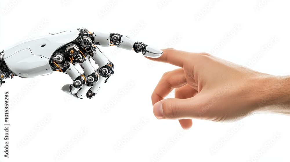 Poster robot and human hand touching their index finger, gesture isolated on white background - concept abo