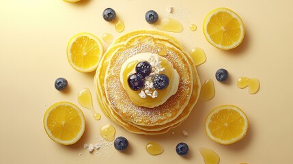   A table of blueberries, lemon slices, and powdered sugar with a stack of pancakes on top