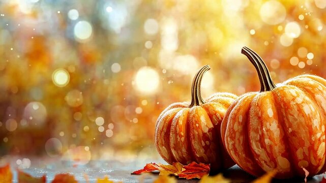 Two pumpkins sit on a table with fall leaves in front of a blurry background