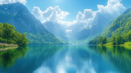 Fototapeta premium Serene mountain lake reflecting vibrant nature.