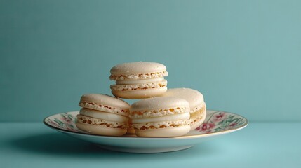   White Plate with Three Macaroons, Blue Table, and Coffee Cup