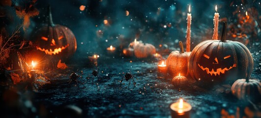 Naklejka premium Halloween party invitation written in fancy script on a backdrop of dark velvet, surrounded by small pumpkins, glittering black spiders, and flickering candlelight