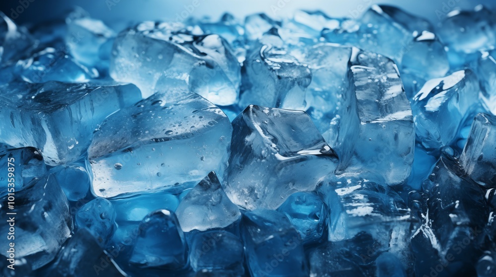 Poster ice texture background. the textured cold frosty surface of ice block on blue background.