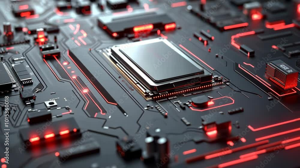 Poster a close-up of a circuit board with red lights illuminating the pathways