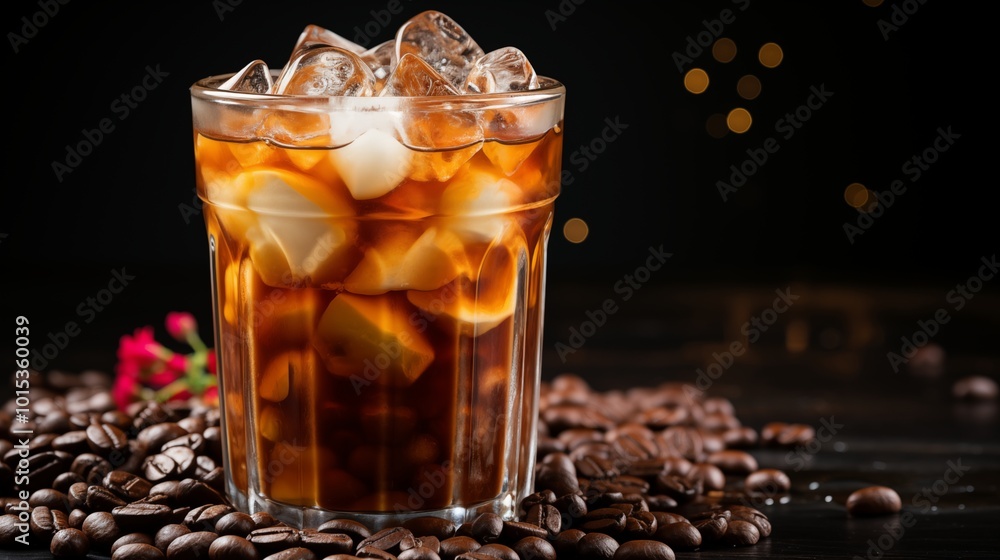 Poster iced coffee with cream and beans on a rustic wooden table cold drink on black background with space 