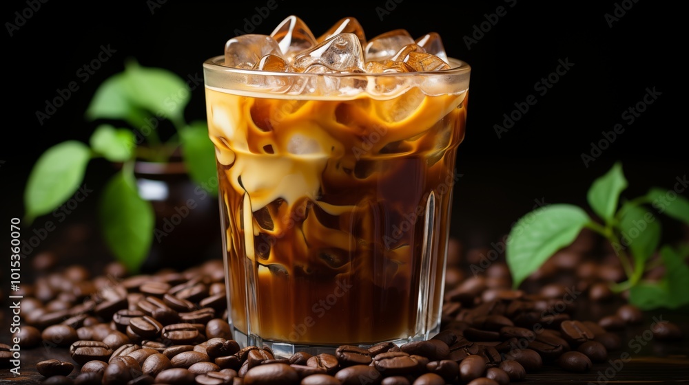 Poster iced coffee with cream and beans on a rustic wooden table cold drink on black background with space 