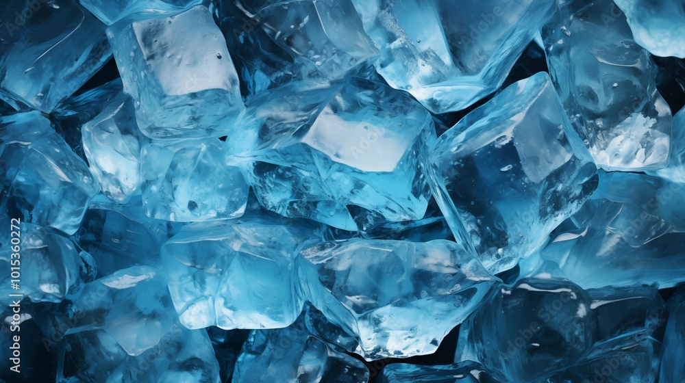 Poster ice texture background. the textured cold frosty surface of ice block on blue background.