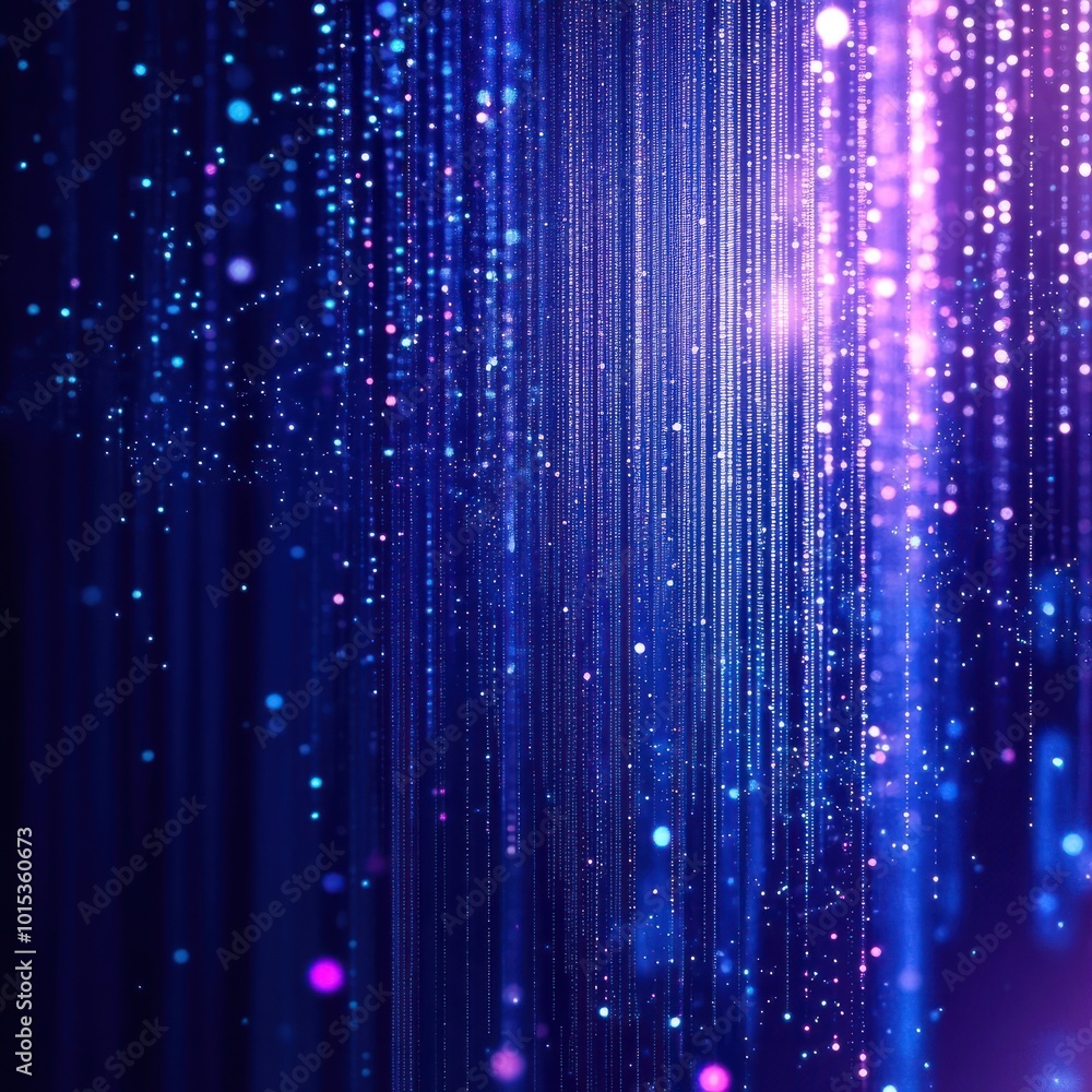Poster the flow of digital data with interlacing blue and purple lights. the complex network of dots and li