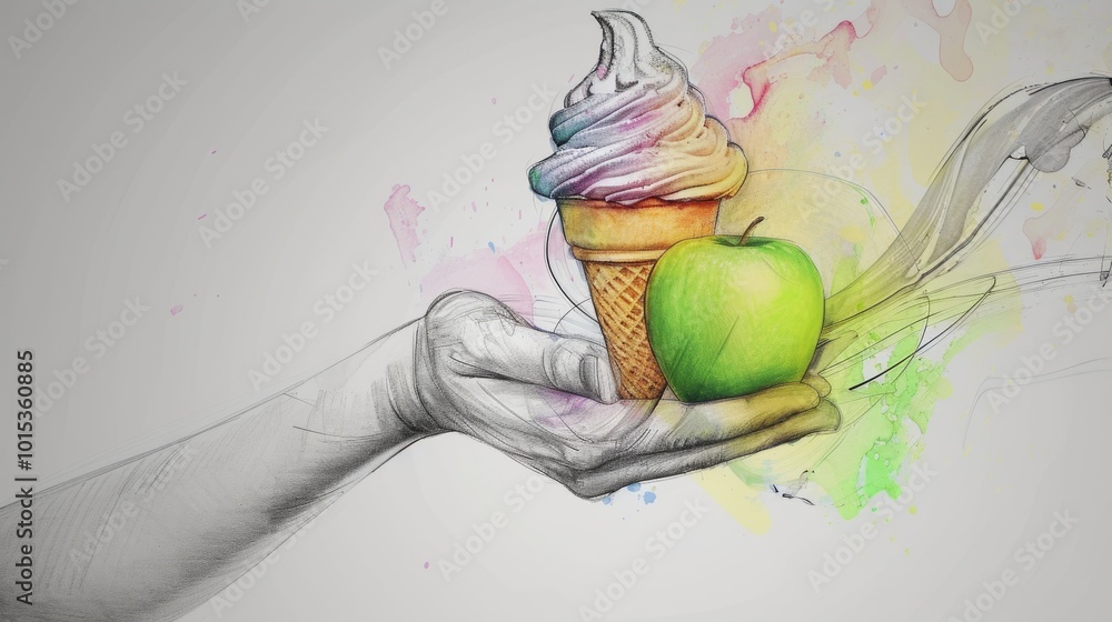 Poster a hand-drawn abstract image featuring an outstretched hand holding both a colorful ice cream cone an