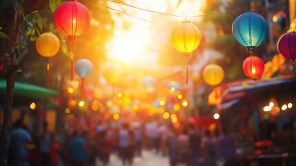 Vibrant Lantern Festival in a Lively Asian Street Scene