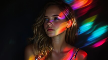 A young woman stands against a black background, surrounded by colorful light. The light was painted with a long exposure technique.