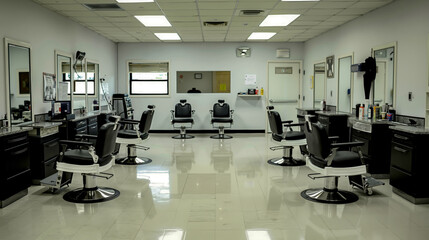 A barber shop with chairs and mirrors in it
