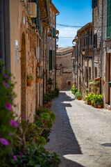 Fototapeta premium Idyllic village street in Valldemossa, Mallorca with lots of potted plants, vertical shot, majorca