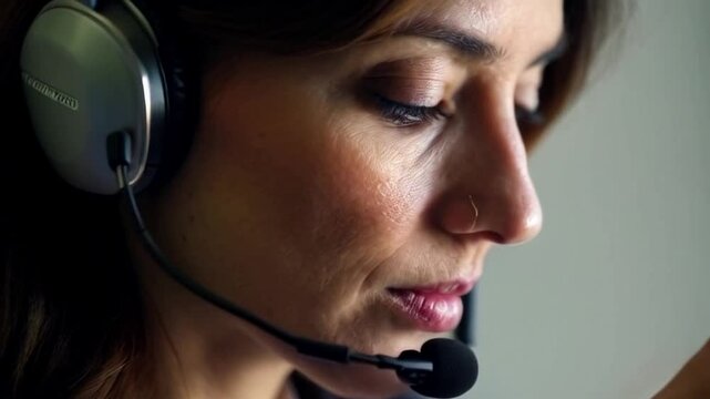 Woman with headset adjusting microphone, clear communication, close-up hand and face or Professional woman adjusting headset microphone, clear communication, close-up hand and face