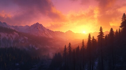 Obraz premium Serene sunset over misty mountains and pine forest.