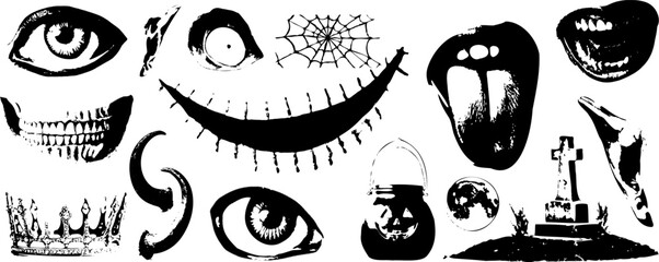 Halloween clipart featuring various elements such as eyes, mouths, teeth, a spider web, a crown, a bucket, a grave, and more. Ideal for creating spooky and eerie visuals for Halloween projects.