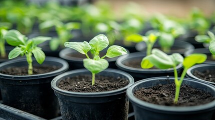 Pots with various vegetables flowers seedlings garden composition background