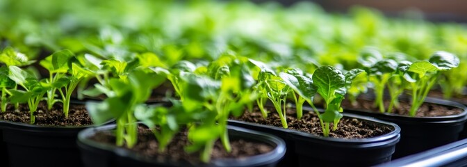 Pots with various vegetables flowers seedlings garden composition background