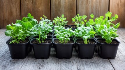 Fototapeta premium Pots with various vegetables flowers seedlings garden composition background