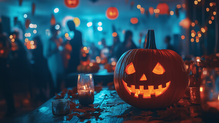 Halloween party. Costume party, halloween festival. A spooky Halloween party scene with costumed guests and eerie decorations