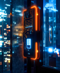 Obraz premium A door with a keypad on the side of a building at night