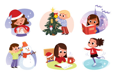 Christmas activities.Child writing a letter to Santa Claus, child ice skating, boy making a snowman, boy decorating a Christmas tree. Child reading a book. People prepare for Christmas.