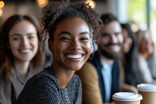 Multi-ethnic group of business people smiling cheerfully while chatting during coffee break in office, copy space, Generative AI