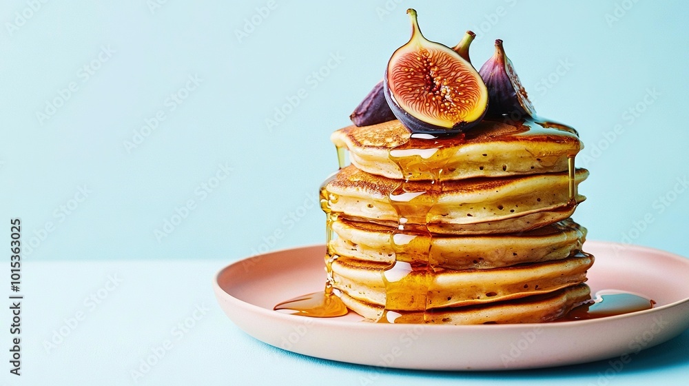 Sticker   Stack of pancakes on pink plate with syrup and figurines