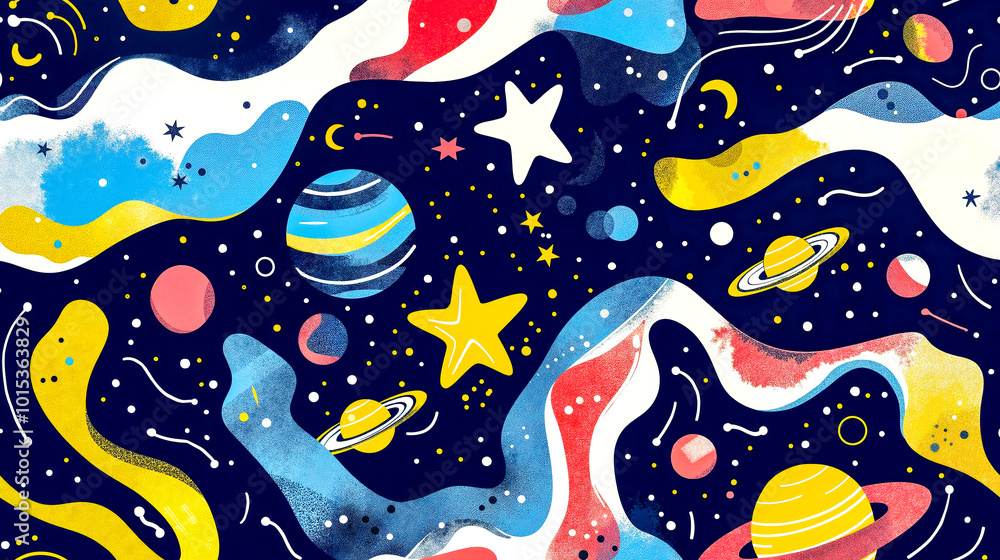 Poster a pattern with planets and stars on a blue background