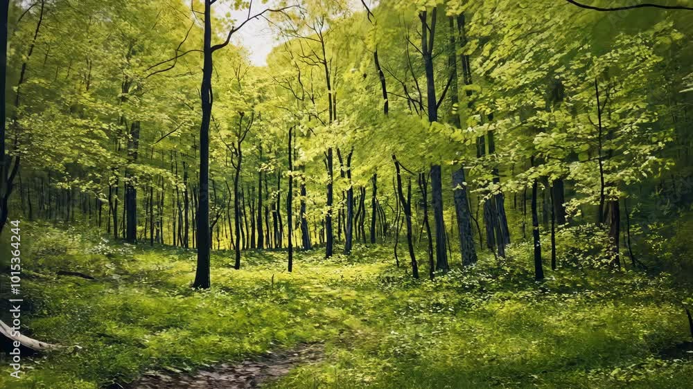 Poster a path winds through a dense forest, sunlight filtering through the leafy canopy