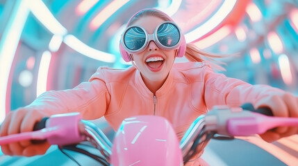 Young woman in pink jacket and oversized sunglasses rides a pink scooter under neon lights.