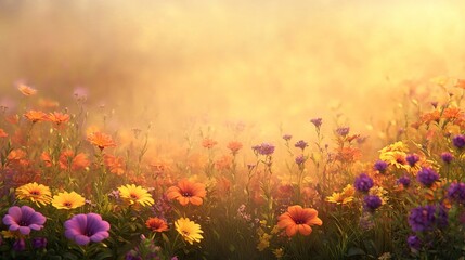 Vibrant flower field with soft fog.