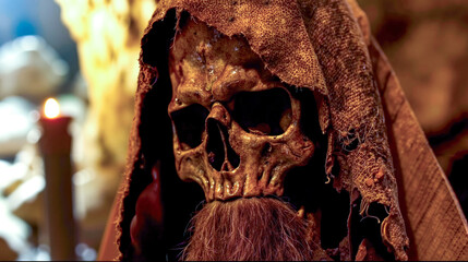 A skull with a beard and a hooded cloak on a table
