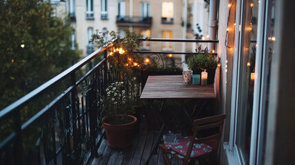 Chic balcony dining under soft fairy lights